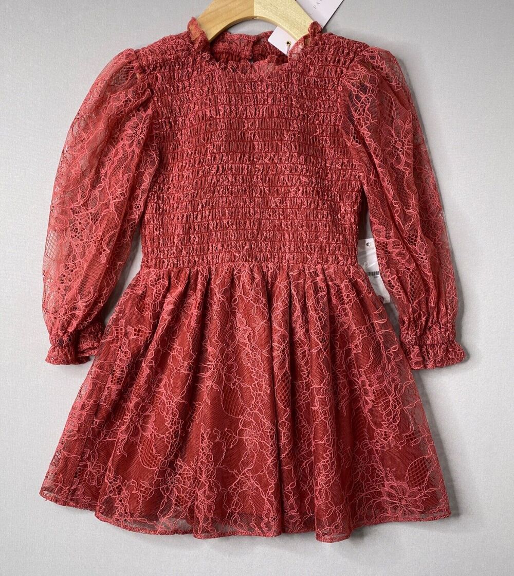 NWT Rachel Parcell Smock Front Floral Lace Party Dress Rust Red Girls 4 Yrs